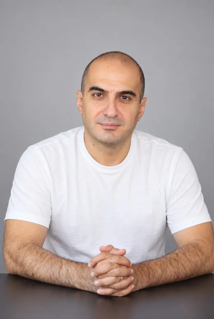 Rem Darbinyan in a white T-shirt, hands clasped on a dark table, against a grey background