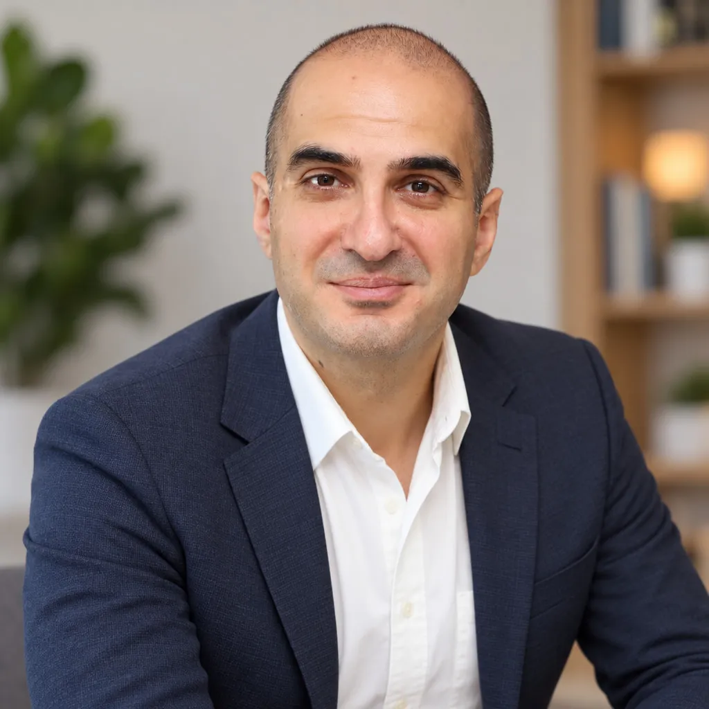 Rem Darbinyan in a navy blazer and white shirt in a bright office, smiling at the camera