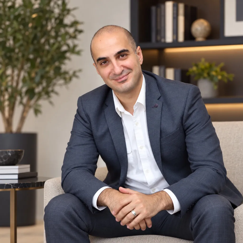 Rem Darbinyan seated in a light armchair, leaning forward with hands clasped and smiling