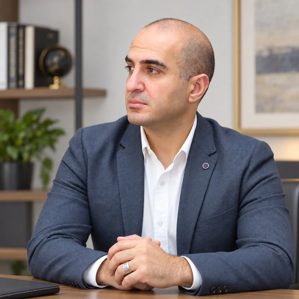 Rem Darbinyan at a desk with hands clasped, looking to the side, shelves and a globe behind
